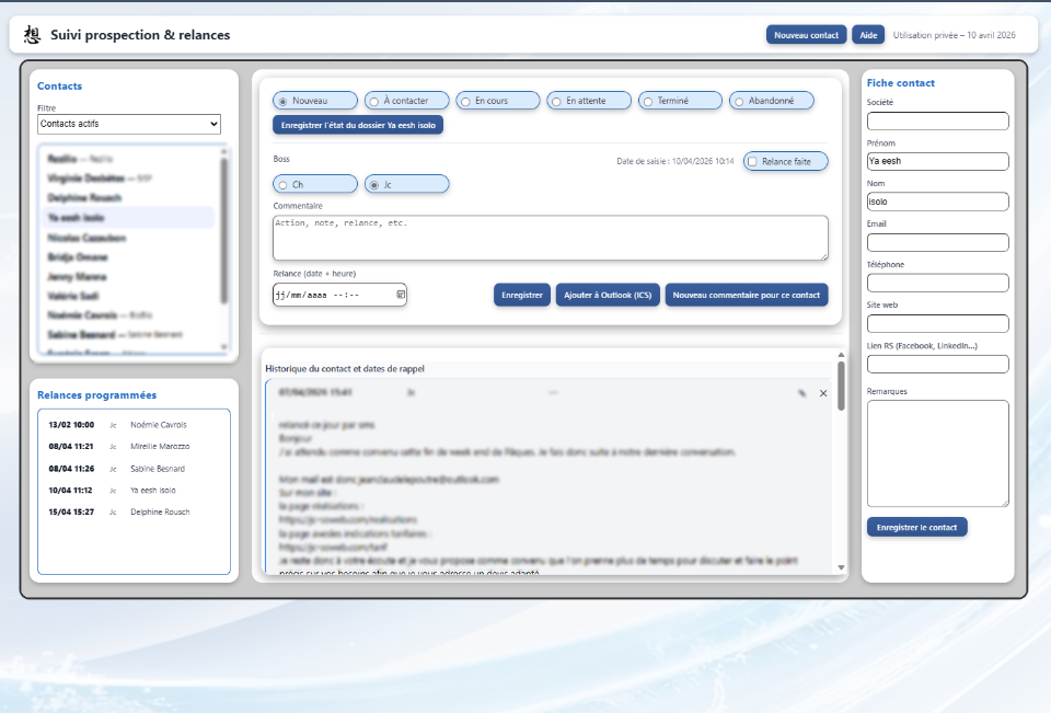 Écran de suivi prospection